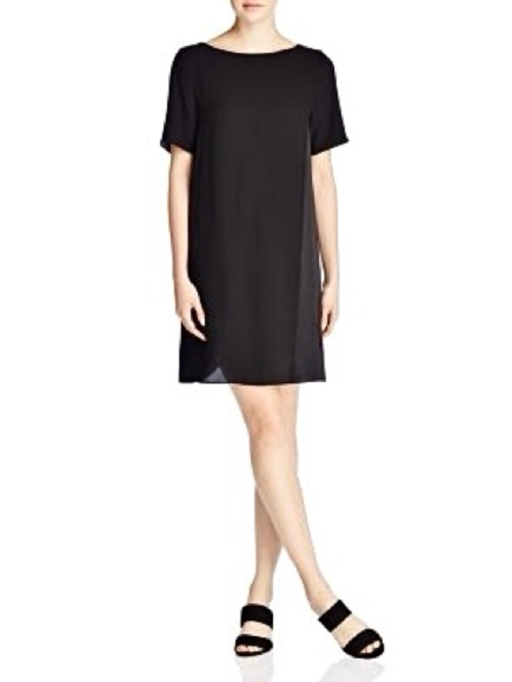 Eileen Fisher Silk Shift Dress Women’s Size XS Short Sleeves Crepe Satin Black